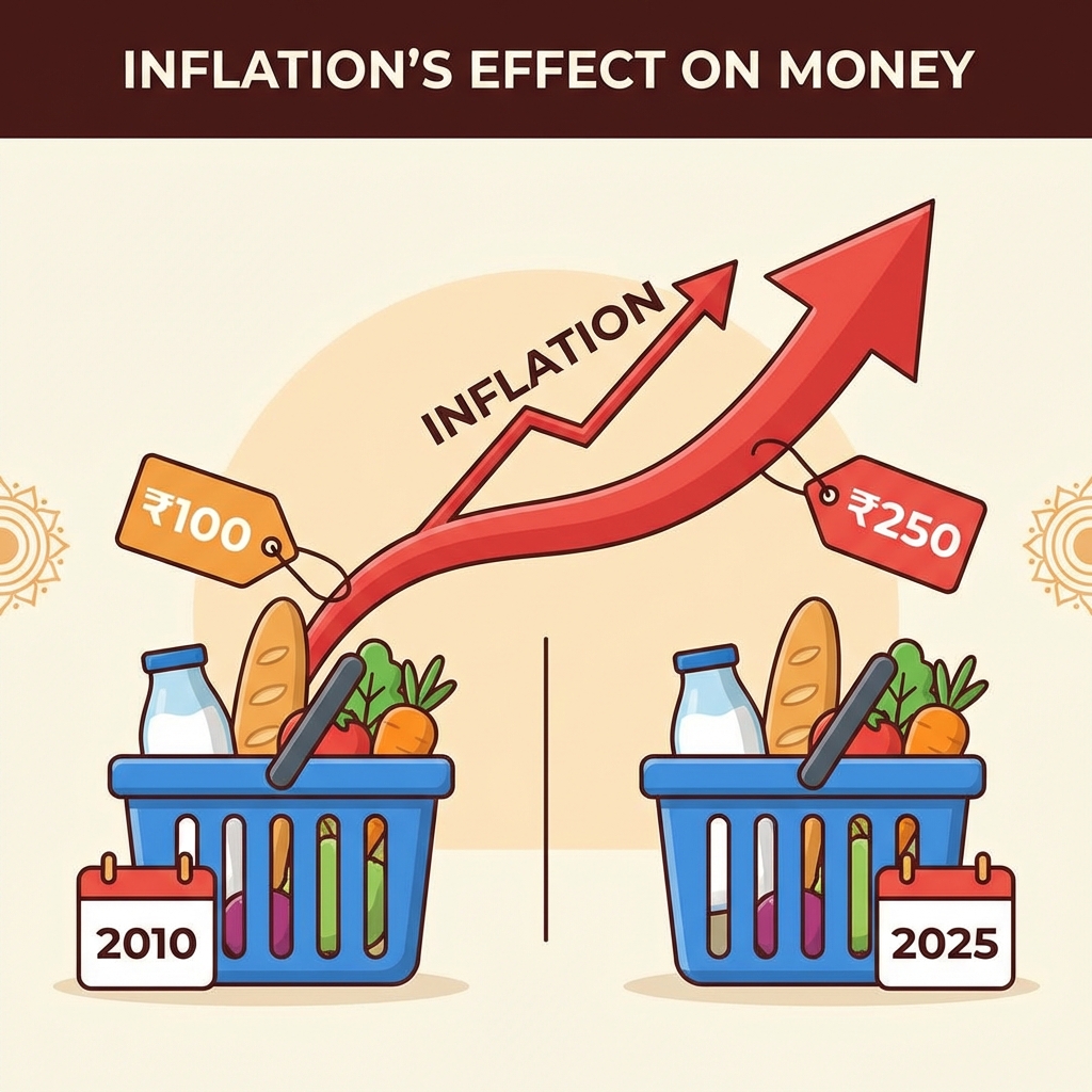 Illustration showing inflation increasing the cost of a basket of goods from ₹100 to ₹250 over 15 years