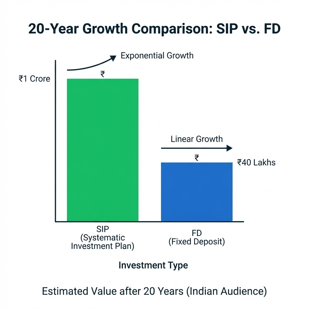 Bar chart comparing SIP growth (₹99 Lakhs) vs FD growth (₹46 Lakhs) over 20 years